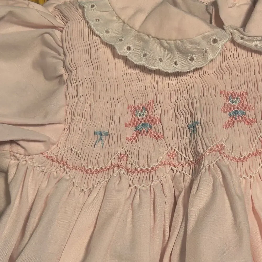 VTG 70s Baby Girl Pink Smocked Romper Teddy Bear Puff Sleeve Cottage Coquette
